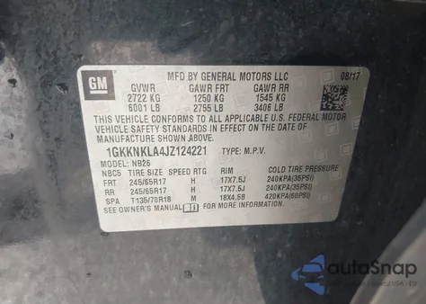 2018 GMC Acadia Sle-1 z USA, uszkodzony, nr VIN 1GKKNKLA4JZ124221